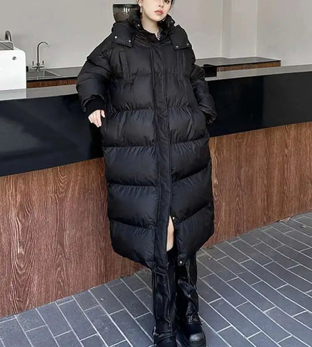 Black Thick Long Warm Big Size Hooded Cotton-padded Coat Long Sleeve Women Parkas Fashion New Autumn Winter 2025 1DH8321