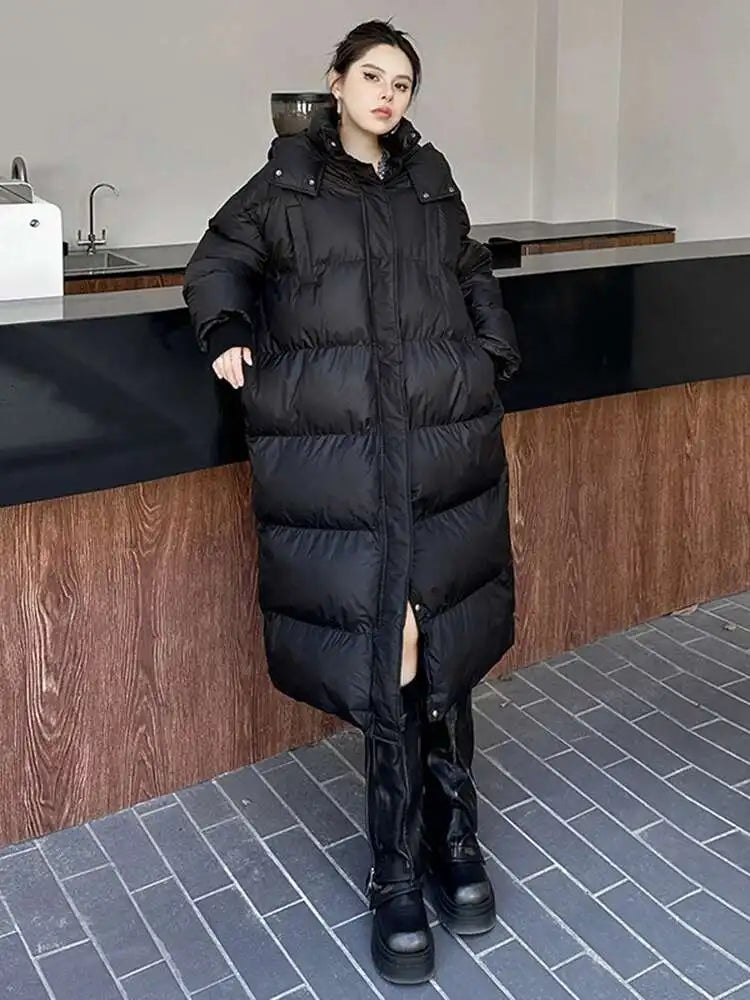 Black Thick Long Warm Big Size Hooded Cotton-padded Coat Long Sleeve Women Parkas Fashion New Autumn Winter 2025 1DH8321