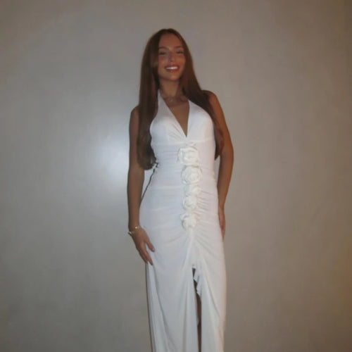 Load image into Gallery viewer, White Floral Ruched Sexy Maxi Dress For Women Gown Halter Deep V Neck Sleeveless Ruffled Bodycon Club Long Dress
