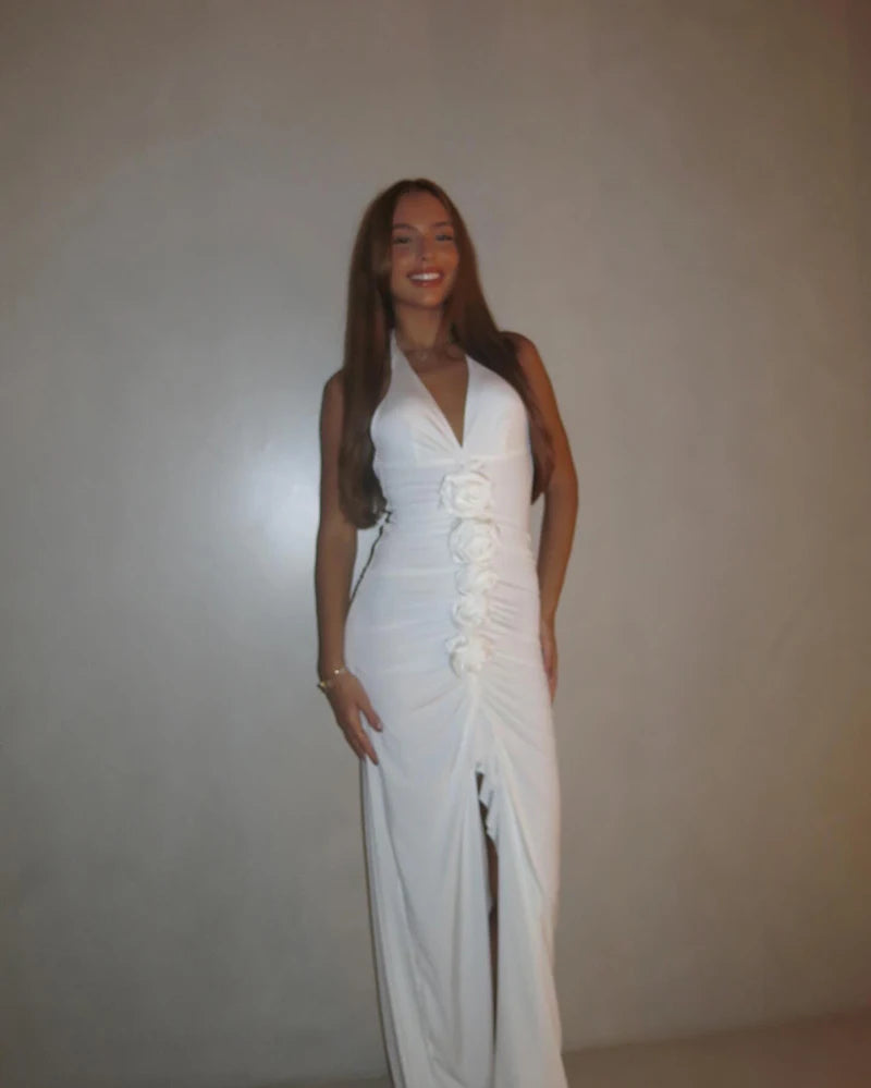 White Floral Ruched Sexy Maxi Dress For Women Gown Halter Deep V Neck Sleeveless Ruffled Bodycon Club Long Dress