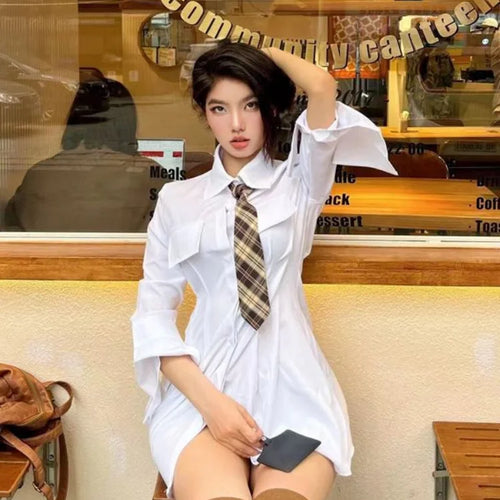 Load image into Gallery viewer, Classic White Shirt Dress Women Wrap Slim Design Polo Short Dresses Korean Fashion Kpop Spring with Tie
