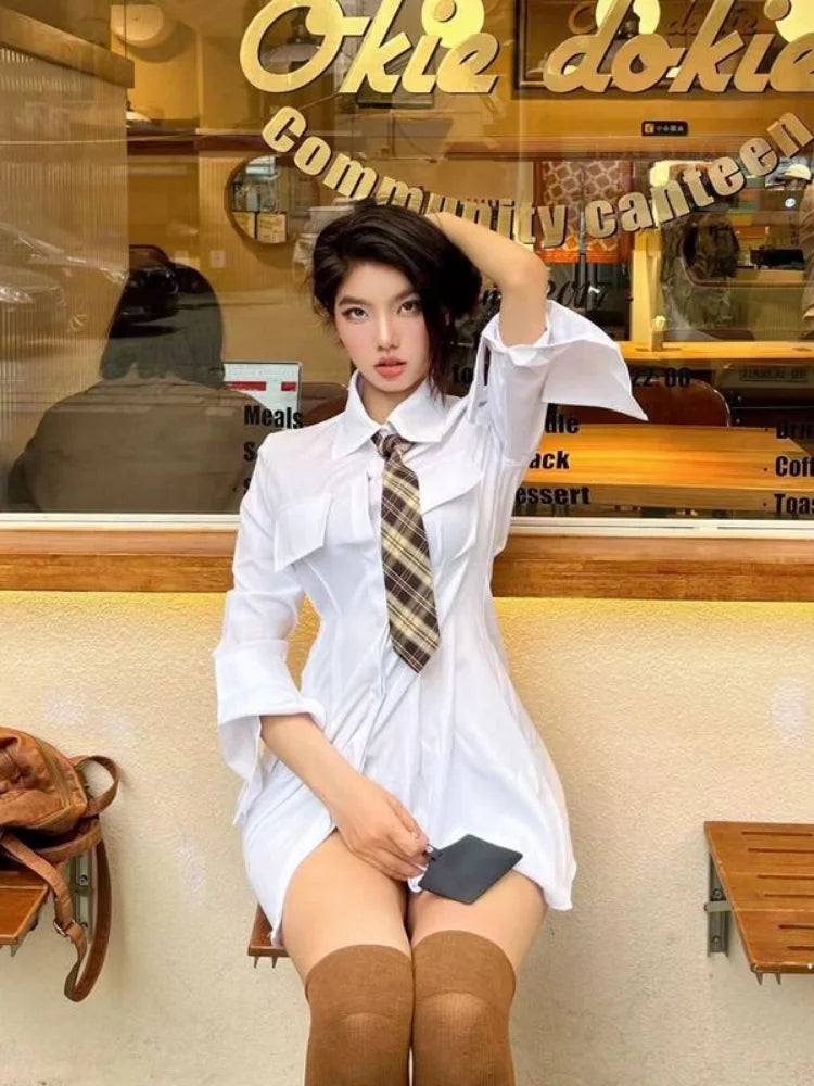 Classic White Shirt Dress Women Wrap Slim Design Polo Short Dresses Korean Fashion Kpop Spring with Tie