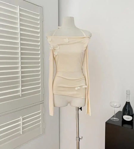 French Women Beige Flower Decorate Slim Pleated Short Tops Spring Autumn Purple Elegant Long Sleeve Off Shoulder Halter T Shirt