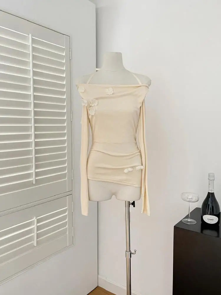 French Women Beige Flower Decorate Slim Pleated Short Tops Spring Autumn Purple Elegant Long Sleeve Off Shoulder Halter T Shirt