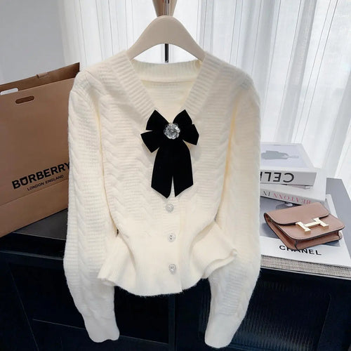 Load image into Gallery viewer, Autumn Winter French Solid Elegant V Neck Bow Single Breasted Short Sweater Women New Long Sleeved Slim Knitted Tops 2024 Trendy
