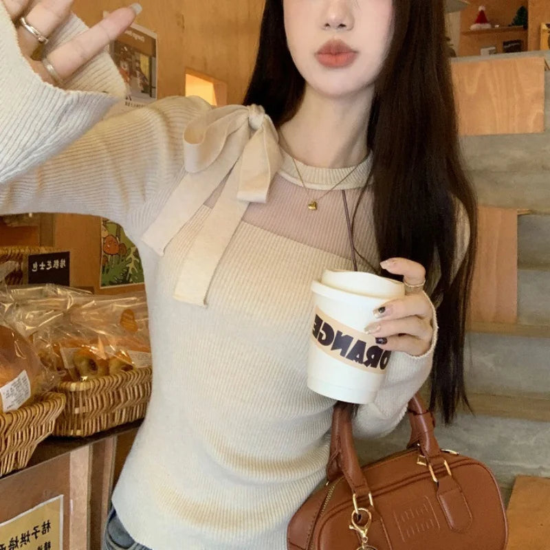 y2k Fairycore Top Women Clothing Solid Color Tie Bow Round Neck Long Sleeve Knitted T Shirt 2000s Clothes Streetwear