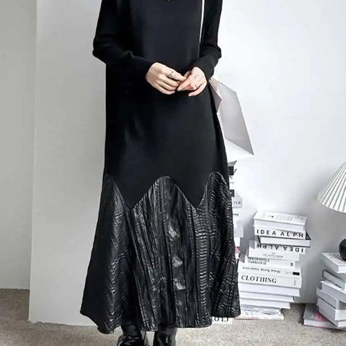 Load image into Gallery viewer, Women Black Knitting Pleated Big Size Long Dress New Turtleneck Long Sleeve Fashion Tide Spring Autumn 2025 1DH1599

