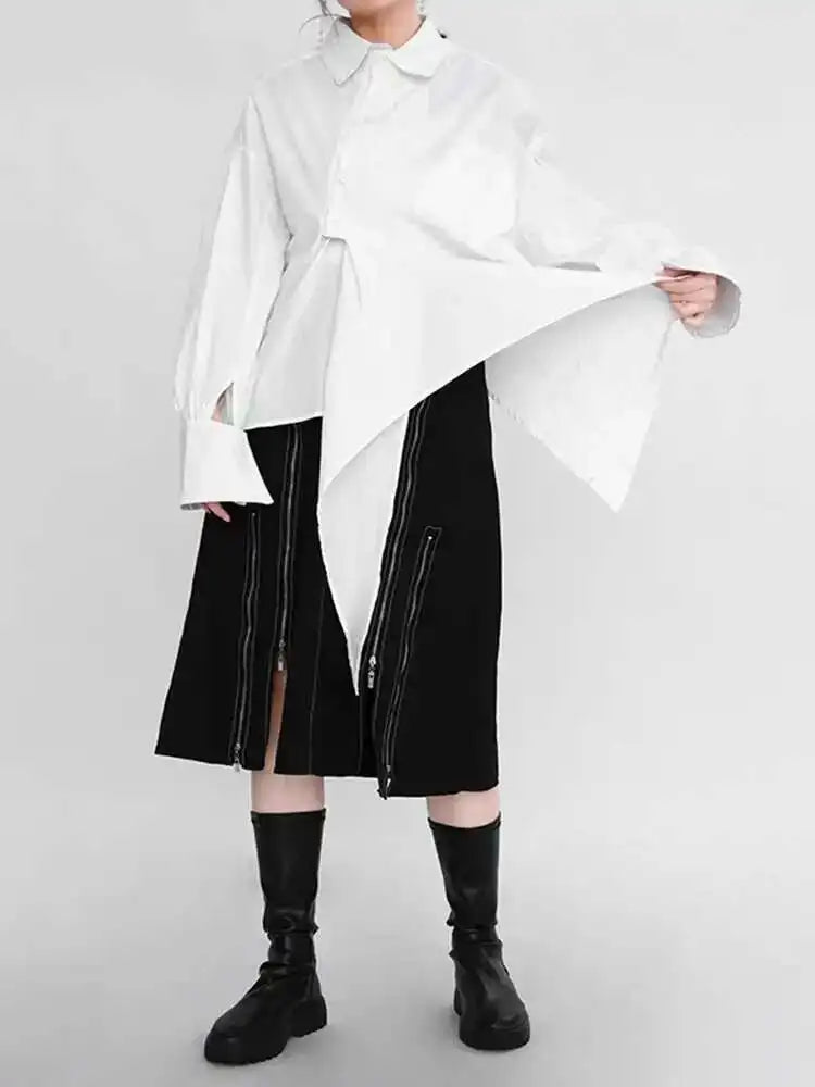 Women White Irregular Big Size Blouse New Lapel Long Sleeve Loose Fit Shirt Fashion Tide Spring Autumn 2025 1DE029900