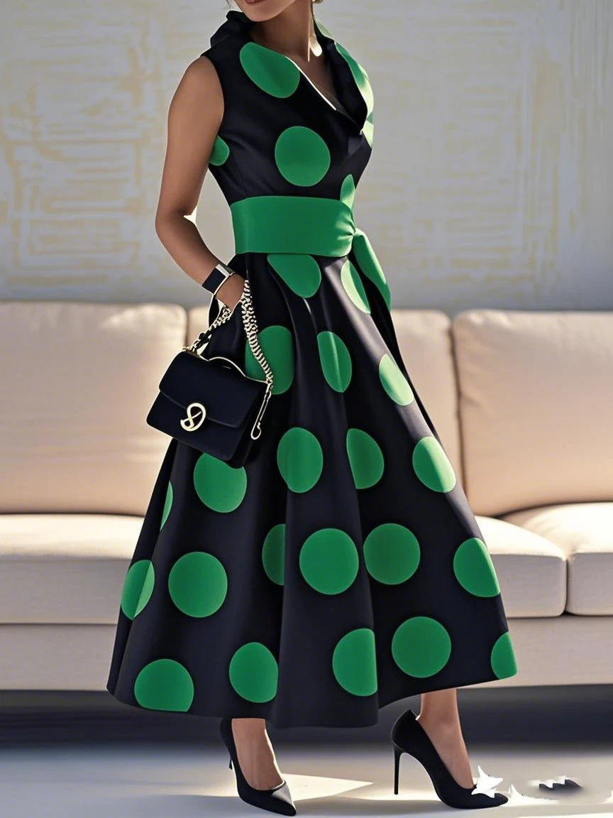 Women's Elegant Polka-dot Maxi Dresses 2025 Summer Dress Tied Waist  A-line Long Dress for Woman Clothing Party Dresses