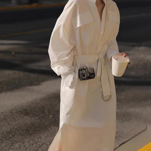 Load image into Gallery viewer, Solid Sheer Spliced Lace Up Casual Dresses for Women V Neck Long Sleeves Patchwork Pockets Fashion Dress Female New
