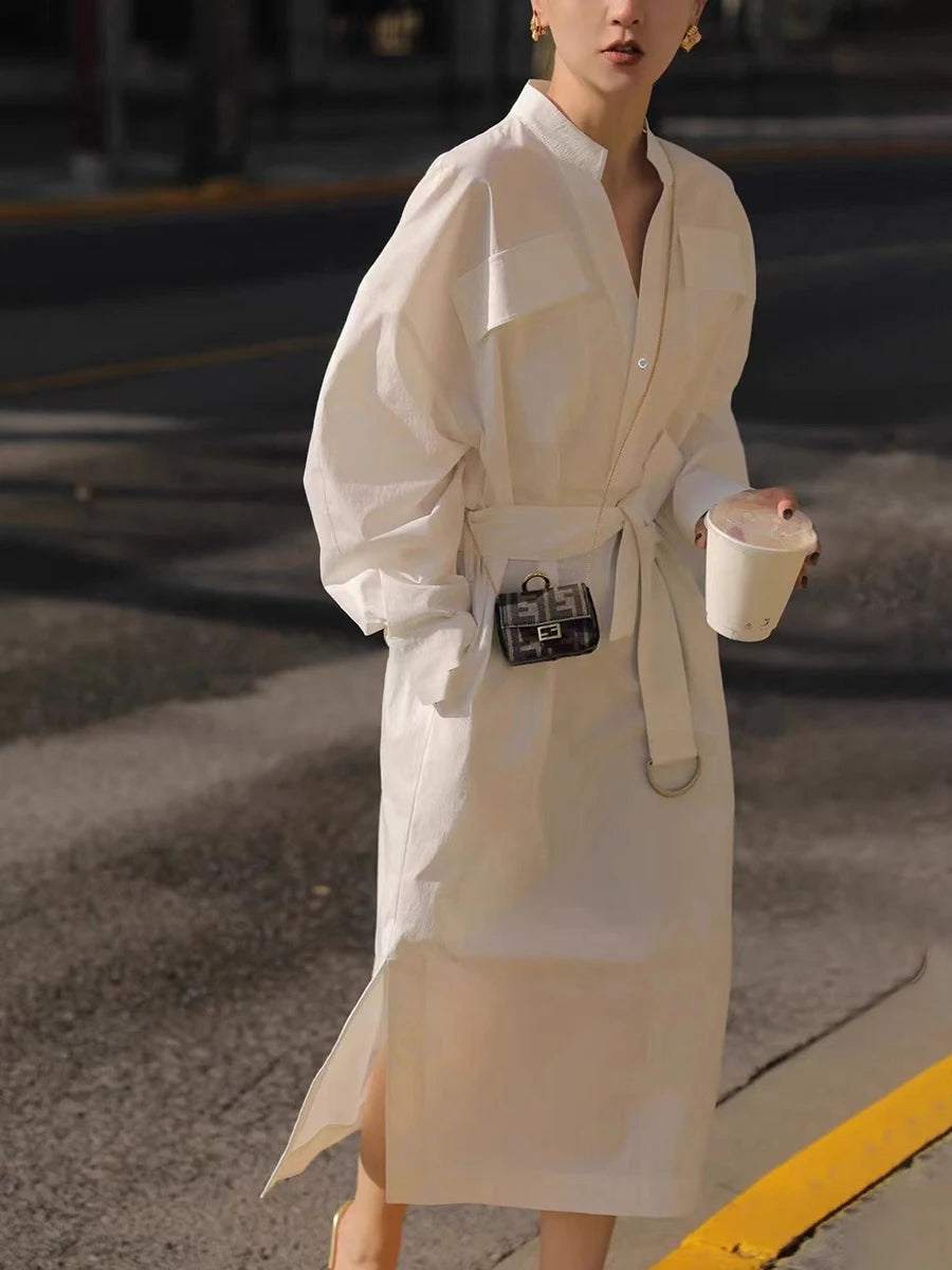 Solid Sheer Spliced Lace Up Casual Dresses for Women V Neck Long Sleeves Patchwork Pockets Fashion Dress Female New