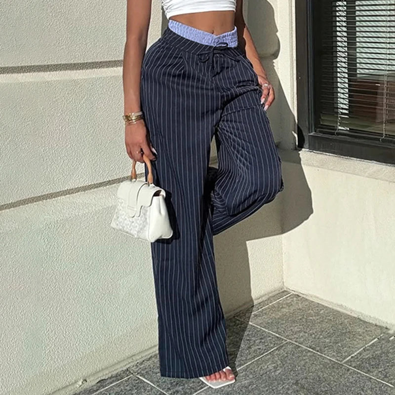 Streetwear Striped Waist Patched Straight Leg Pants Women's Harajuku Botton-Fly Full Length Trousers 2025 New Bottoms