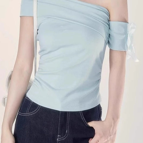 Load image into Gallery viewer, Women Vintage Skew Collar Cropped Tees Y2k Aesthetic Summer Bodycon Pleated T Shirts 2025 Harajuku Fairy Solid Bow Grunge Tops
