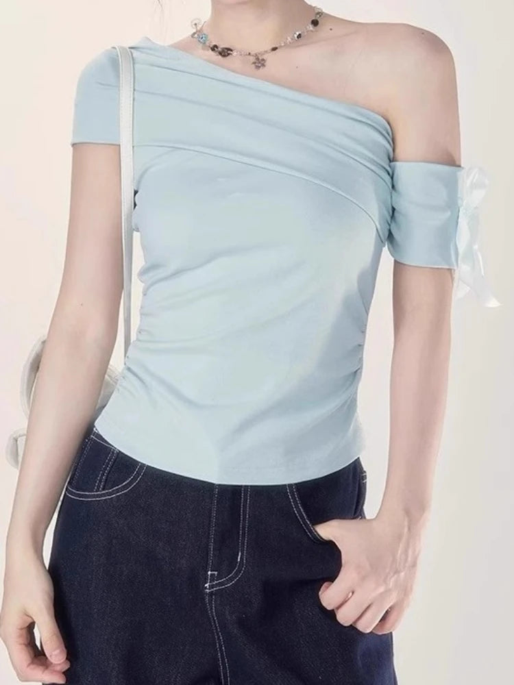 Women Vintage Skew Collar Cropped Tees Y2k Aesthetic Summer Bodycon Pleated T Shirts 2025 Harajuku Fairy Solid Bow Grunge Tops