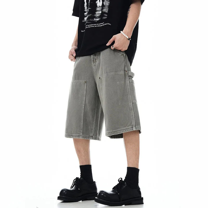 Men's American Style Spliced Cargo Shorts Summer Loose Trendyt Straight Leg Niche Design Solid Color Menwear 9W1711