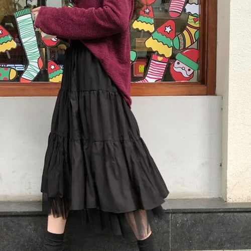 Load image into Gallery viewer, Long Tulle Midi Skirts Womens 2024 Autumn Elastic High Waist Mesh Tutu Pleated Skirts Female Black White Long Skirt Streetwear
