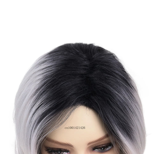 Load image into Gallery viewer, Synthetic Fiber Long Wavy Wigs for White Women Gradient Color Black Roots Silver Grey Wigs with Side Bangs Curly Hair Wig Mother
