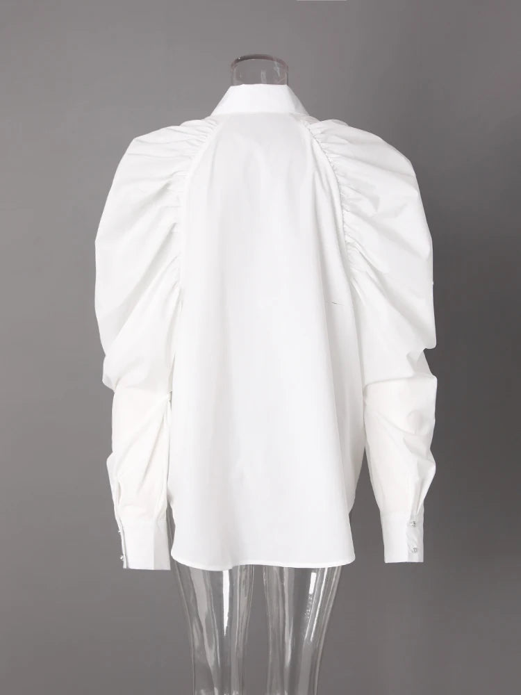 Women Black Pleated Shaped Big Size Elegant Blouse New Lapel Long Puff Sleeve Shirt Fashion Spring Autumn 2025 CPG2607