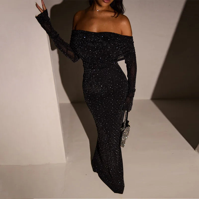 Glitter Off-shoulder Sexy Maxi Dress For Women Gown Black Strapless Long Sleeve Bodycon Club Party Sparkle Long Dress