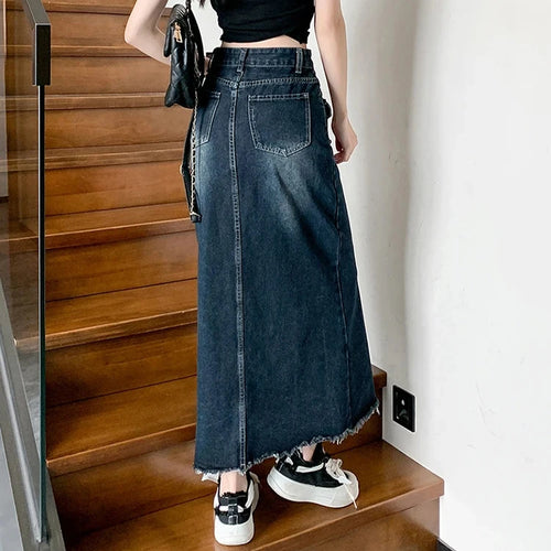 Load image into Gallery viewer, Fashion High Waist Denim Skirt Woman New Retro Maxi Skirts Female Summer Y2K Korean Harajuku Dark Blue Long Jean Skirts
