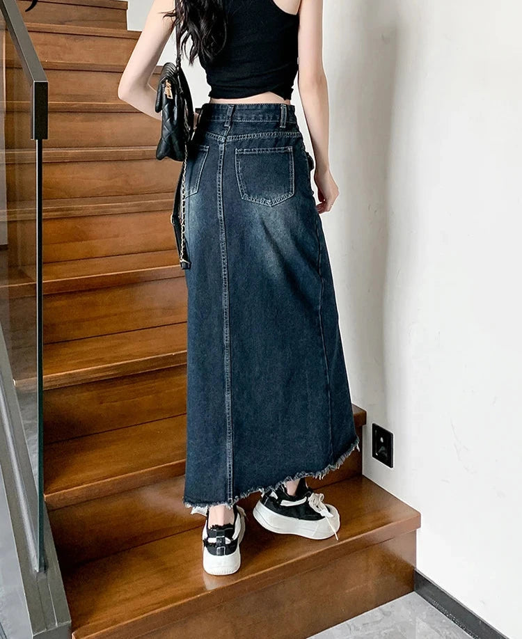 Fashion High Waist Denim Skirt Woman New Retro Maxi Skirts Female Summer Y2K Korean Harajuku Dark Blue Long Jean Skirts