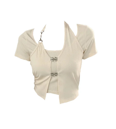 Nomikuma Crop Top Summer Short Sleeve Halter High Waist Womens Clothing Y2k Aesthetic Sweet Fashion Preppy T Shirt for Women