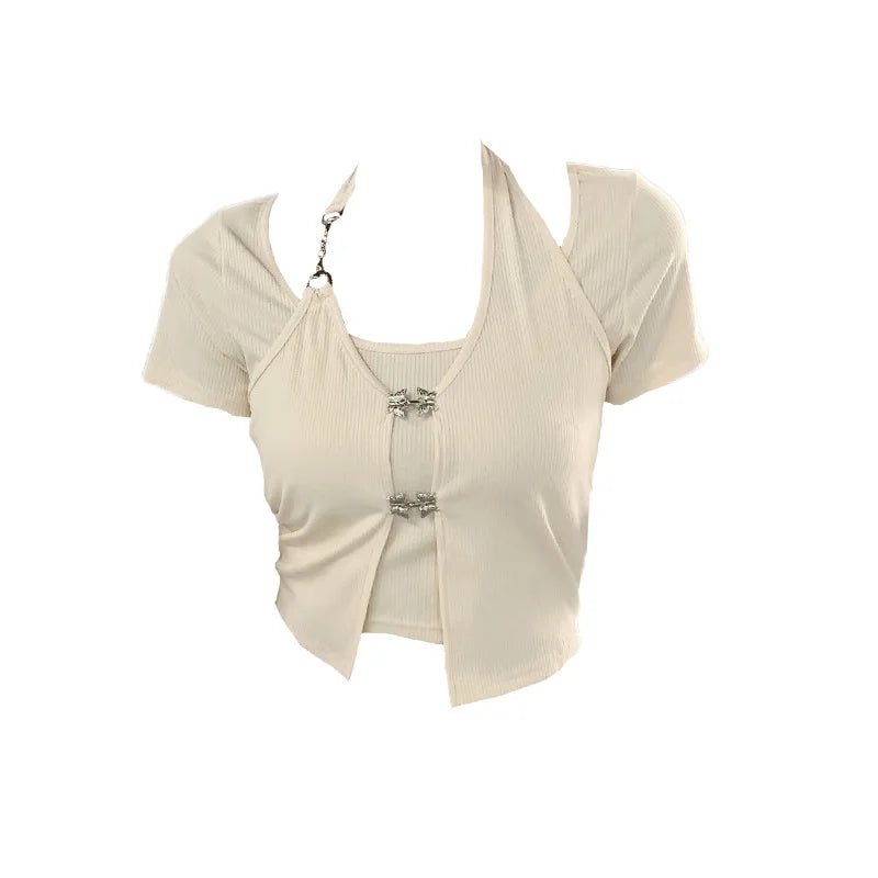 Nomikuma Crop Top Summer Short Sleeve Halter High Waist Womens Clothing Y2k Aesthetic Sweet Fashion Preppy T Shirt for Women