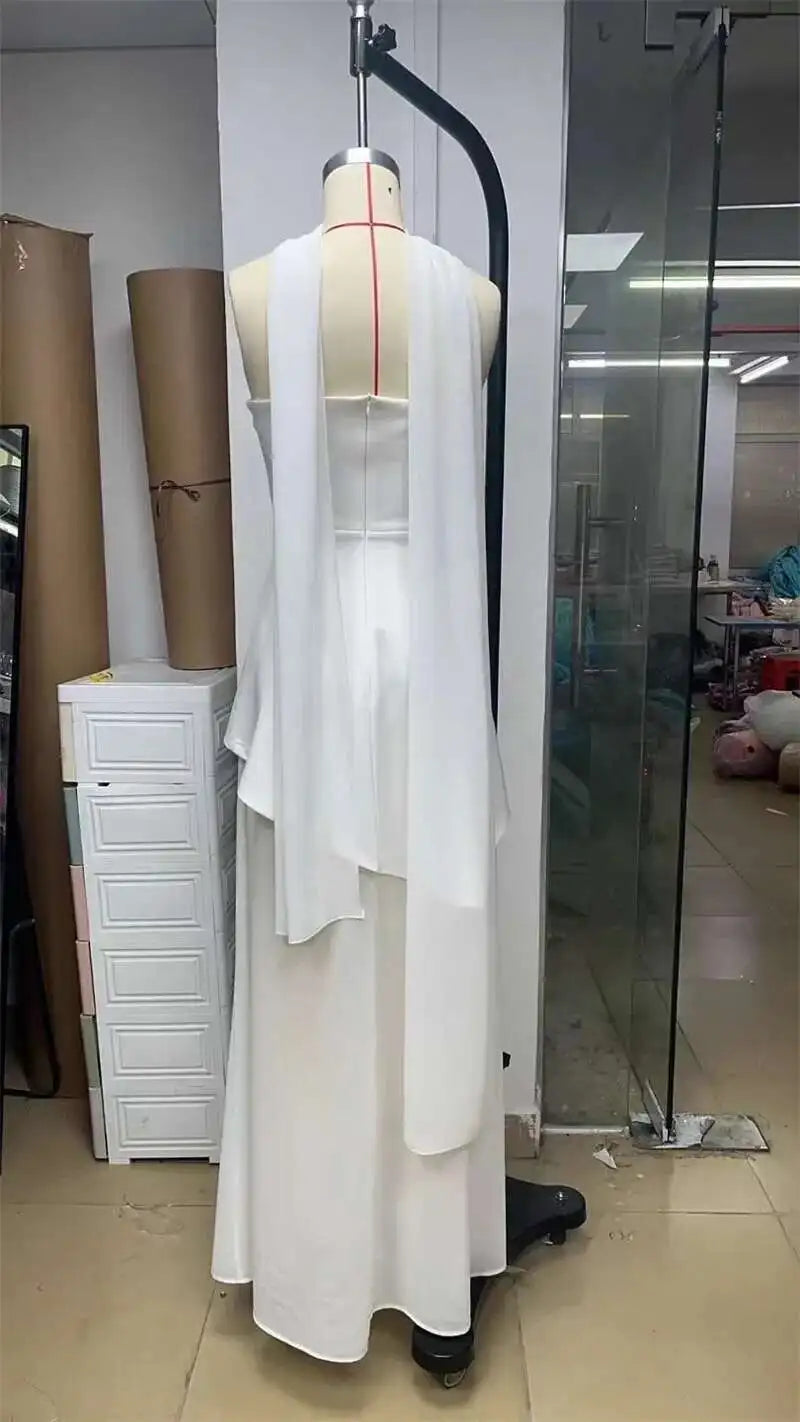 Elegant Strapless Sexy Maxi Dress For Women Gown With Scarf Off-shoulder Sleeveless Backless Split Beach Long Dress