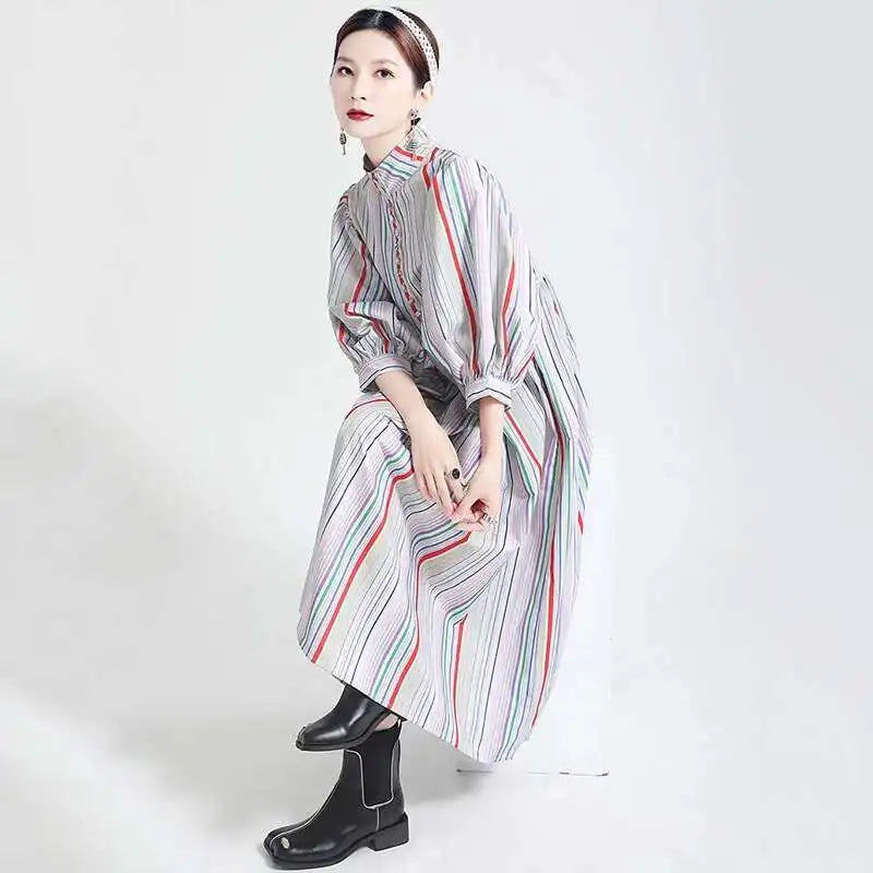 Women Striped Spliced Long Shirt Dress New Stand Collar Three-quarter Sleeve Loose Fit Fashion Spring Autumn 2025 1DE0219