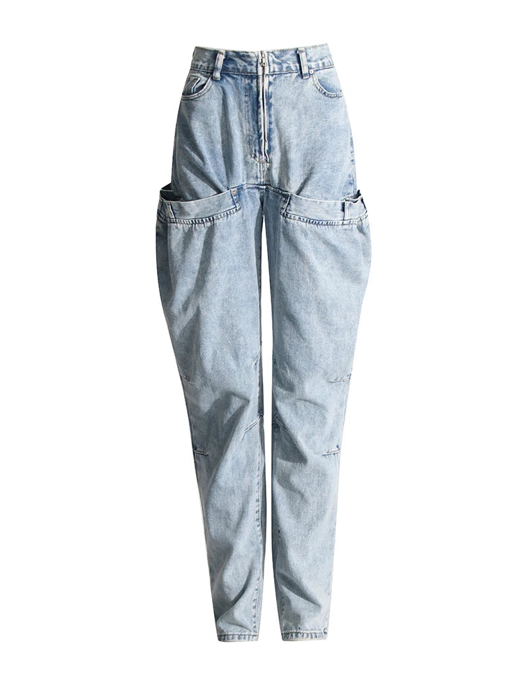 Irregular Hollow Out Spliced Button Jeans For Women High Waist Patchwork Zipper Streetwear Denim Long Trousers Female Style