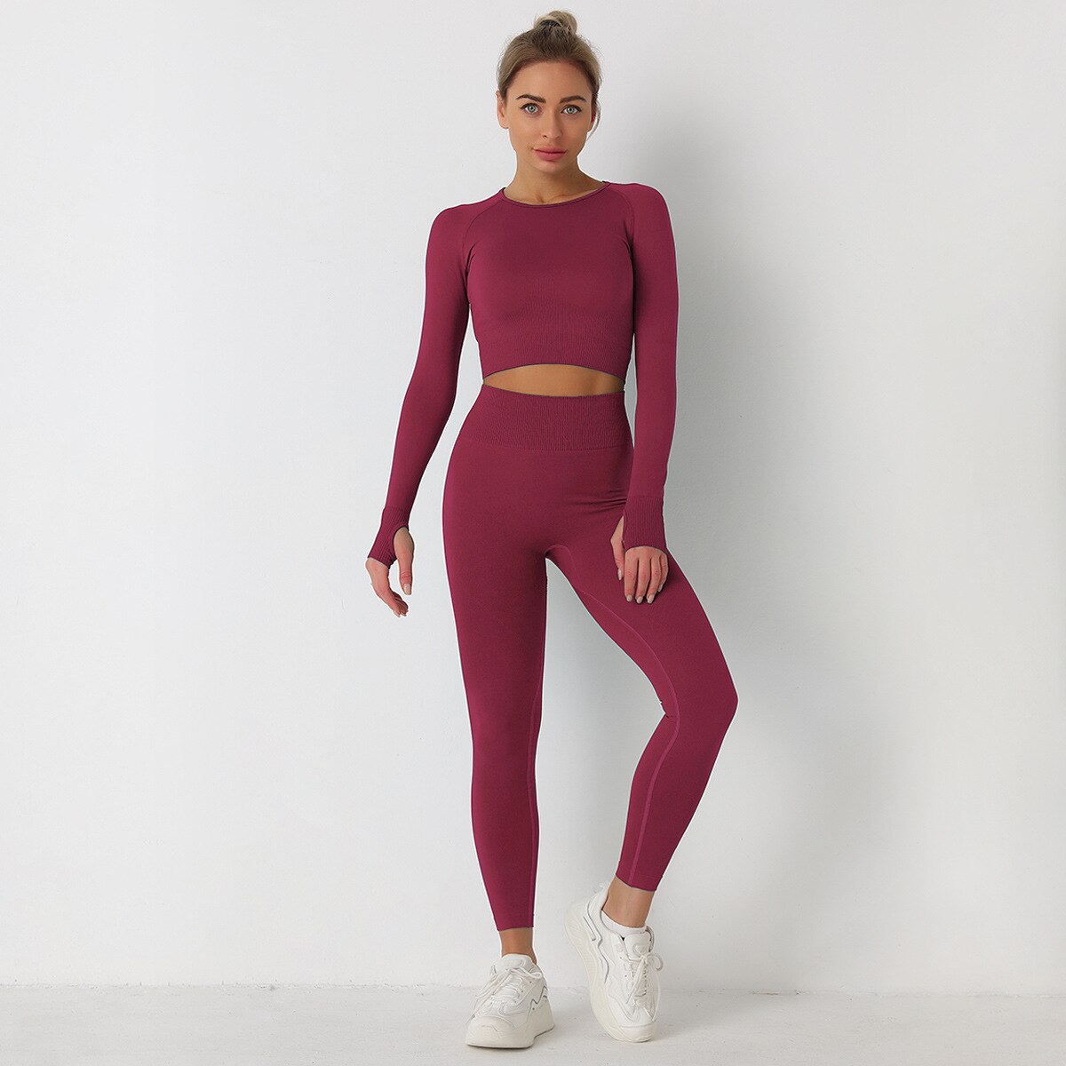 European and American Solid Color Yoga Suit Long Sleeve Anti-Shrink Quick-drying Crop Top High Waist pant tracksuit women