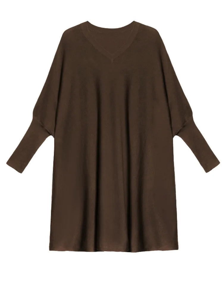 Women Blue Knitting Big Size Mini Dress New V-Neck Long Batwing Sleeve Loose Fit Fashion Tide Spring Autumn 2025 1DF9758