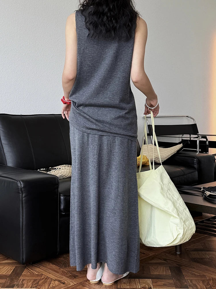 Knitting Vest Half-body Skirt Two Pieces Suit New Round Neck Sleeveless Women Fashion Tide Spring Autumn 2025 1DJ1005