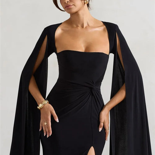 Load image into Gallery viewer, Long Cape Sleeve Split Maxi Dress For Women Gown Fashion Solid Square Collar Evening Sexy Long Dress Elegant New
