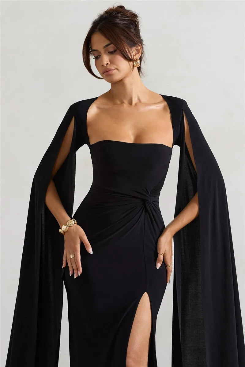 Long Cape Sleeve Split Maxi Dress For Women Gown Fashion Solid Square Collar Evening Sexy Long Dress Elegant New