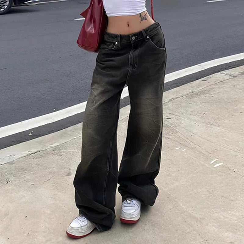 Streetwear Grunge Baggy Jeans Women Vintage Distressed Straight Leg Y2K Denim Pants 90s Aesthetic Outfits Washed Chic