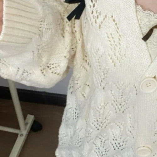 Load image into Gallery viewer, Autumn Grunge Sweet Bow Knitted Cardigans Y2k Aesthetic Hollow Out Oversized Coats Single Breasted Women Kawaii Sweaters Tops
