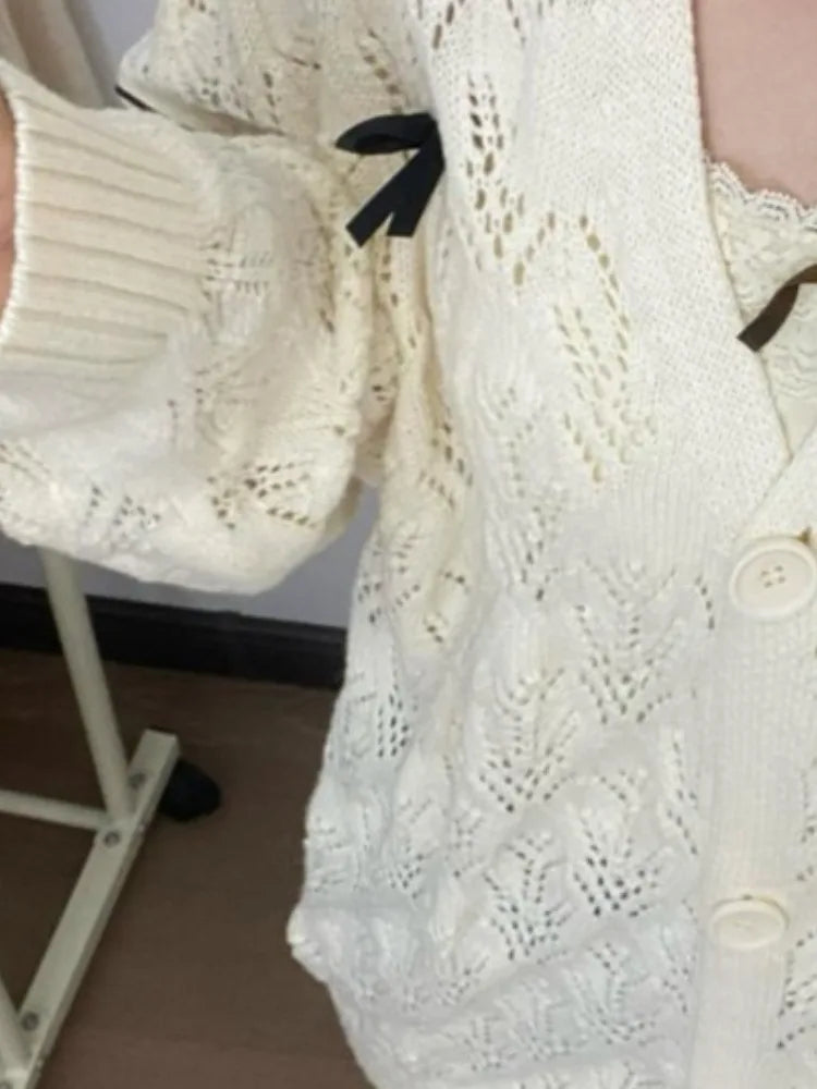 Autumn Grunge Sweet Bow Knitted Cardigans Y2k Aesthetic Hollow Out Oversized Coats Single Breasted Women Kawaii Sweaters Tops
