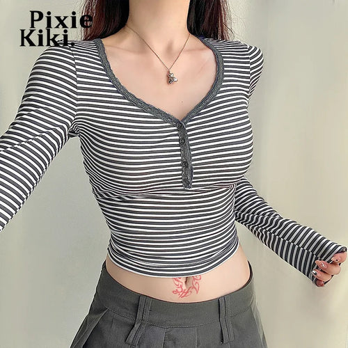 Load image into Gallery viewer, Lace Trim V Neck Long Sleeve Top Casual Gray Striped Print T Shirts Fall Clothes 2024 Women P84-BC12
