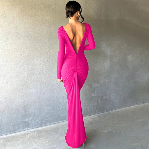 Load image into Gallery viewer, Deep V Neck Ruched Maxi Dress Women Gown Autumn New Long Sleeve Backless Bodycon Sexy Party Evening Dress Vestidos
