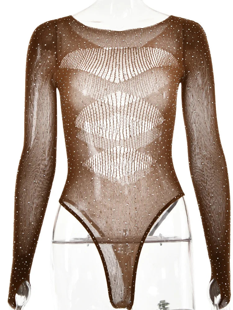 Women's Sexy Spicy Girl High Elastic Knitted Bodysuit, Perspective, Long Sleeved, Hollow Hot Diamond, Summer Beach 2024