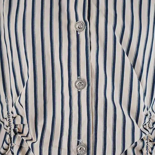 Load image into Gallery viewer, Women Blue Striped Pleated Denim Big Size Blouse New Lapel Long Sleeve Shirt Fashion Tide Spring Autumn 2025 CP3262
