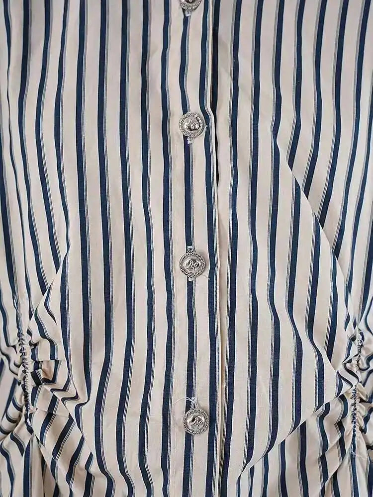 Women Blue Striped Pleated Denim Big Size Blouse New Lapel Long Sleeve Shirt Fashion Tide Spring Autumn 2025 CP3262