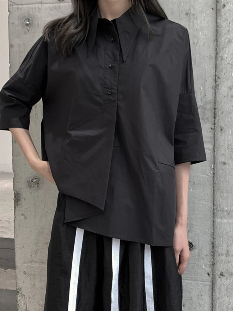 Women White Irregular Hem Big Size Elegant Blouse New Lapel Half Sleeve Shirt Fashion Tide Spring Summer 2025 1DJ1661