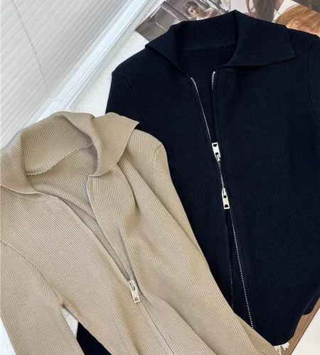 Casual Y2K Grunge Slim Knitted Sweater Cardigan Zipper Lapel Top Vintage High Strecth Slim Jumper Y2K Clothes C-243