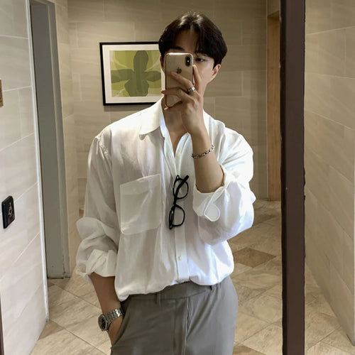 Load image into Gallery viewer, Korean Style Men&#39;s Shirts Turn-down Collar Solid Color Long Sleeve Single Breasted Pockets Design Male Tops New 2025 9C9306
