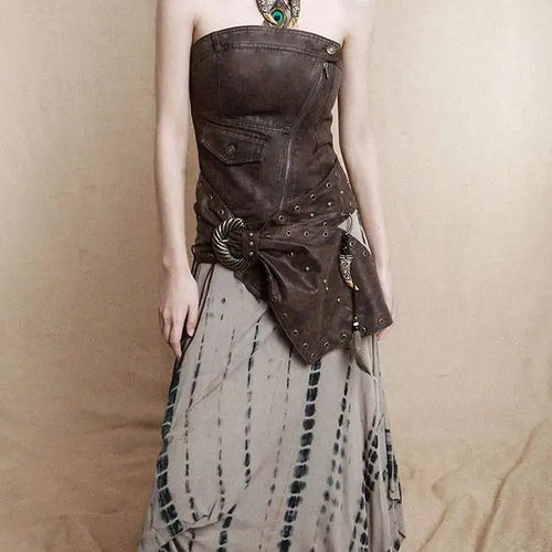 Load image into Gallery viewer, Women Brown Irregular Spliced Tie Dye Vintage Long Strapless Dress New Sleeveless Fashion Tide Spring Autumn 2025 1DH9375
