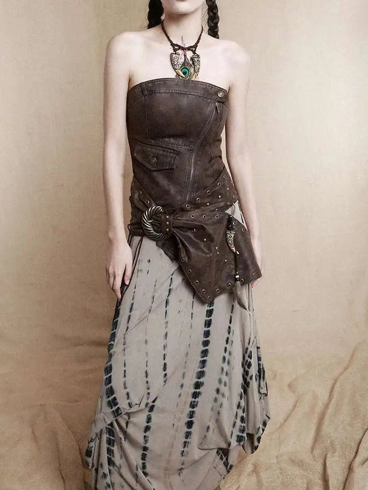Women Brown Irregular Spliced Tie Dye Vintage Long Strapless Dress New Sleeveless Fashion Tide Spring Autumn 2025 1DH9375