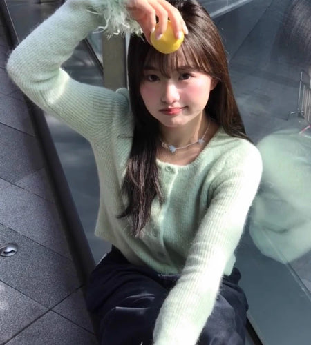 Women Fur Patchwork Sweet Green Cardigan Preppy Style Vintage Fairy Sueter Mujer Single Breasted Y2k Aesthetic Cropped Sweaters