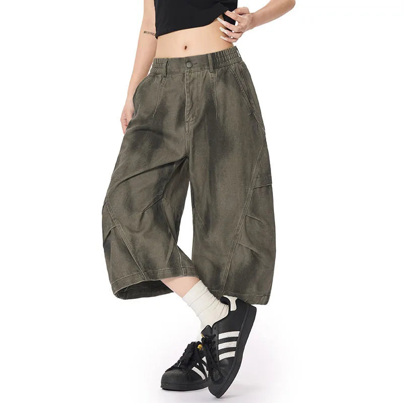 Men's Cargo Shorts American Handsome Style Pleated Design Solid Color Straight Leg Male Casual Clothing Summer 9W1727